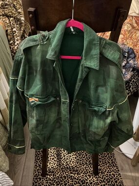 Free People Forest Green Utility Jacket with Subtle Camouflage